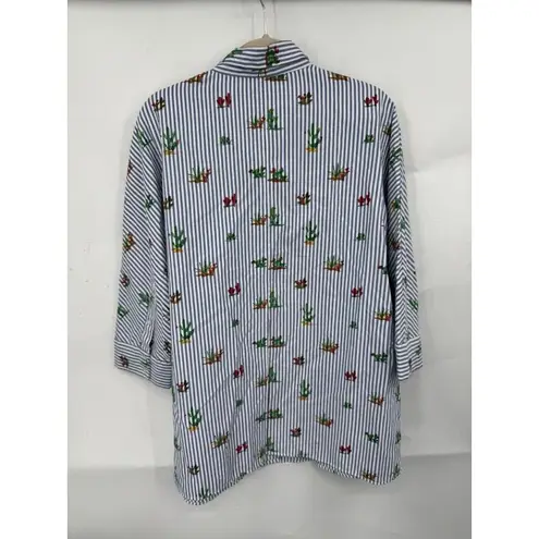 ZARA  Trafaluc Shirt Women XS Blue Striped Button Front Novelty Cactus Print‎
