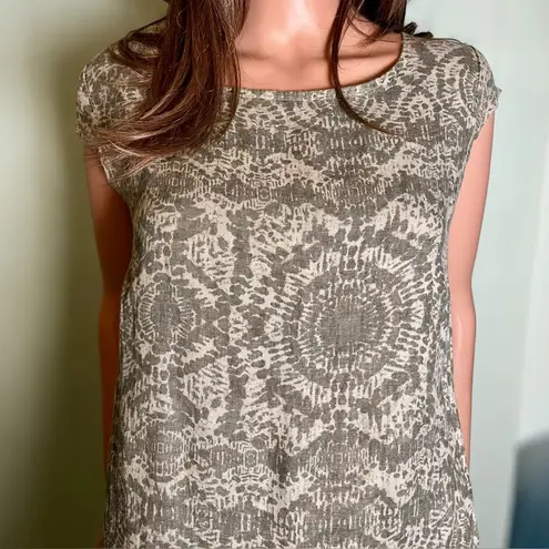 Lina Tomei Made in Italy Linen Dress Gray Sage Stone Abstract Cap Sleeve Size L Size L