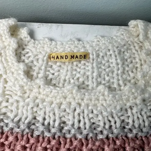 Handmade Knit White Pink Striped Crew Neck Sweater S Flowers