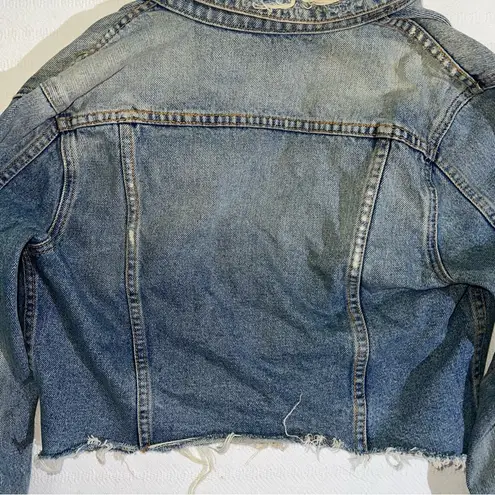 GRLFRND Cara Blue Denim Jacket Size XS Distressed USA Designer Raw Hem