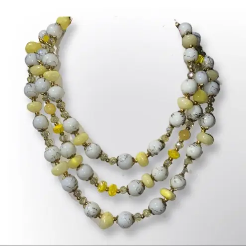 Summer Breeze 3 Strand Yellow & Spun gold in milk glass beads necklace