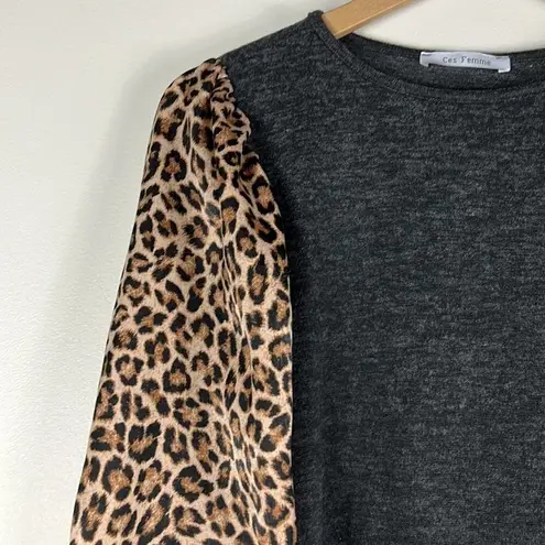 Ces Femme Gray Leopard Print Long Sleeve Blouse