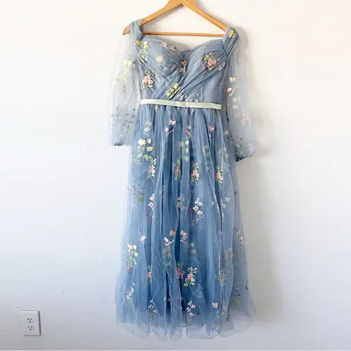Unbranded Tulle Floral Embroidered Midi Gown Dress in Slate Blue Size 6