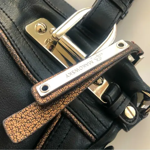 B. Makowsky Black Leather & Leopard Calf Hair Satchel Handbag