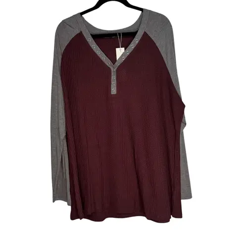 BLOOMCHIC Burgundy Gray Waffle Knit Henley Tunic Top Plus Size 22 24 Brown