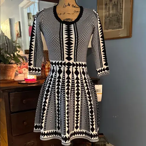 Nina Leonard Black and White Geometric Print Fit & Flare Sweater Dress NWT