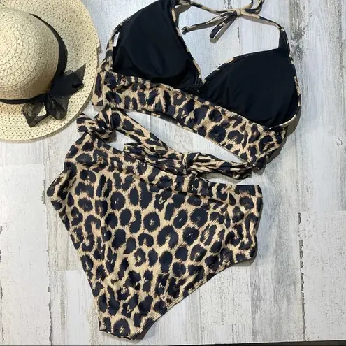 None Tie Halter Leopard Print 2X-Large Bikini High Waisted