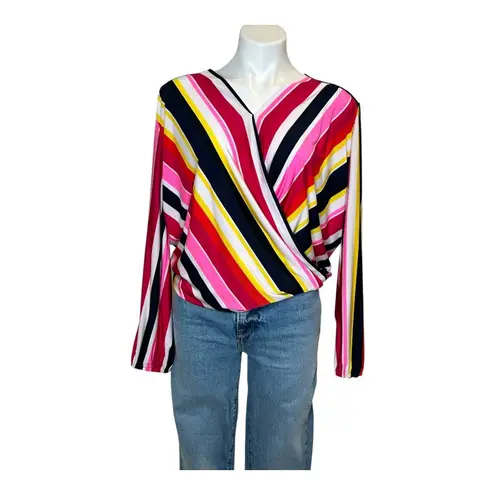 NYGARD Stripe Multicolor Long Sleeve Blouse Red Pink Yellow Size Large