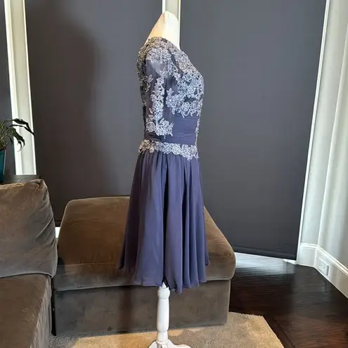 Women’s Short Blue Chiffon Prom Party Dress with Floral Detail Zip Back Size S