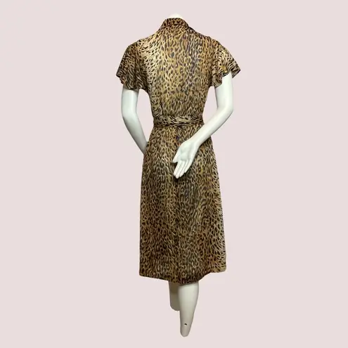 Vintage Sheer Leopard Print Dress Flutter Sleeves Animal Jungle 80s Collar Midi Size XS