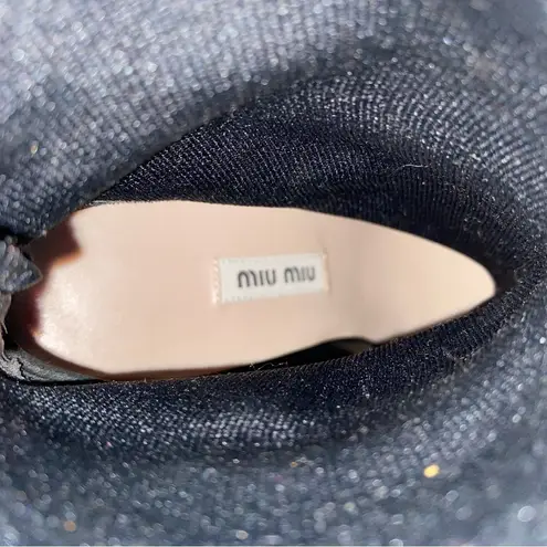 Miu Miu Black Stretch Knit Ankle Boots Silver Glitter Heel 35 US 5