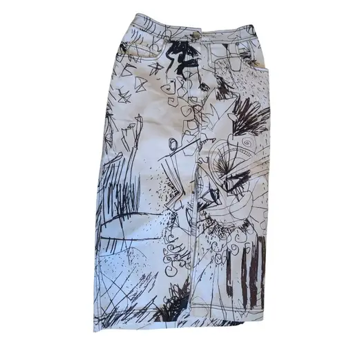 Vintage John Galliano Skirt Denim Pencil Sketches Printed Kendall Jenner Owned Brown Size XS