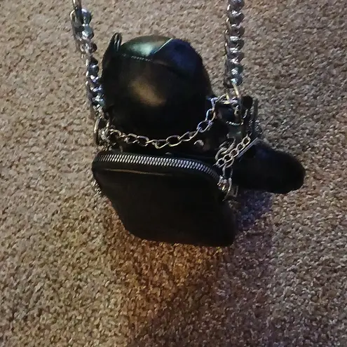 Black Faux Leather Chain Bear Purse Silver