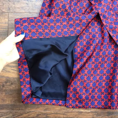 Elizabeth McKay • Scotland wrap dress ruffle silk red & navy blue chain link Size 6