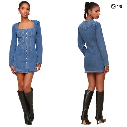 Avec Les Filles Western Embroidered Long Sleeve Denim mini dress size 2
