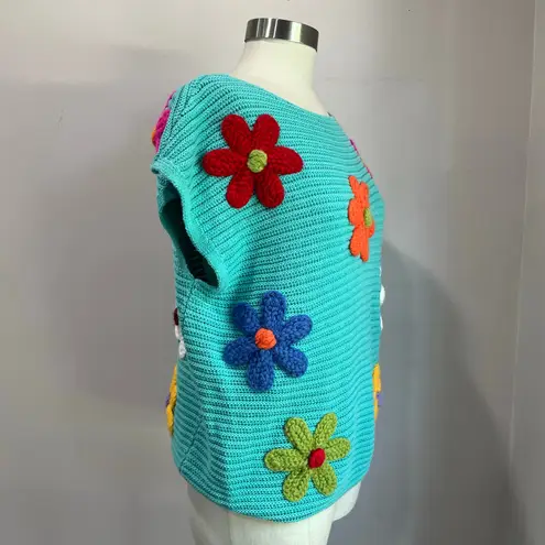 BiBi Blue Teal Floral Crochet Knit Short Sleeve Sweater Top Sz M Size M