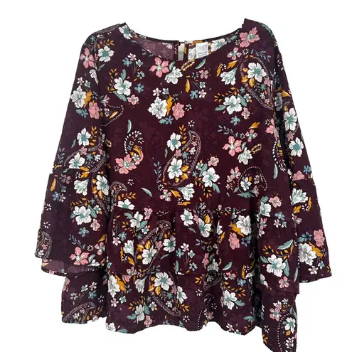 Time And Tru  Boho Floral Baby Doll Top Purple Tiered Long Bell Sleeves Sz XXXL 22