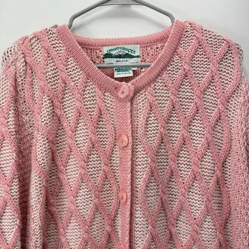 Aran Crafts Coral Merino Wool Button Up Cardigan Cable Sweater Size MEDIUM