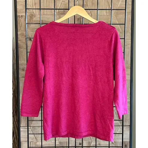 Briggs Womens Sweater Sz Small Fuchsia Round Neck Knit 3/4 Sleeve Brooch Pink