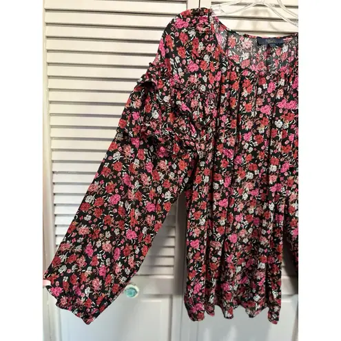 Rachel Roy Black/Red Floral Long Balloon Sleeve Keyhole Ruffle Blouse Size L Black Size L