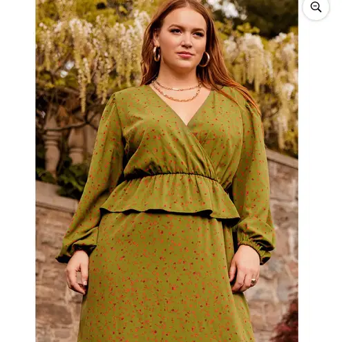 Eloquii Elements Plus Size Sage Green Mixed Print Midi Dress Peplum Size 14 NWT