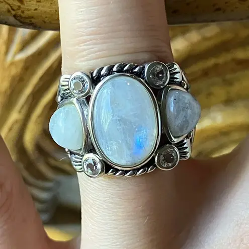 Natural Rainbow Moonstone White Topaz Sterling Silver Ring Size 7