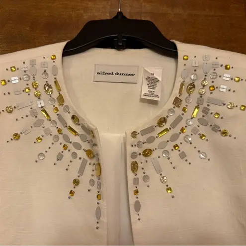 Alfred Dunner White Open Plus Cotton Blazer Embellished Beads Gold Silver Size 18
