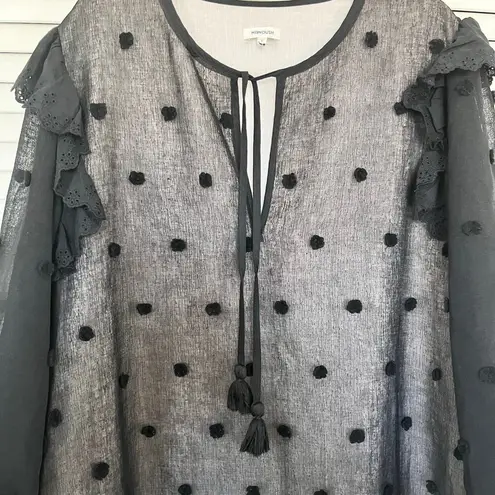 Manoush Black Tulle Polka Dot Long Sleeve Split Tie Neck Shift Maxi Dress sz 38