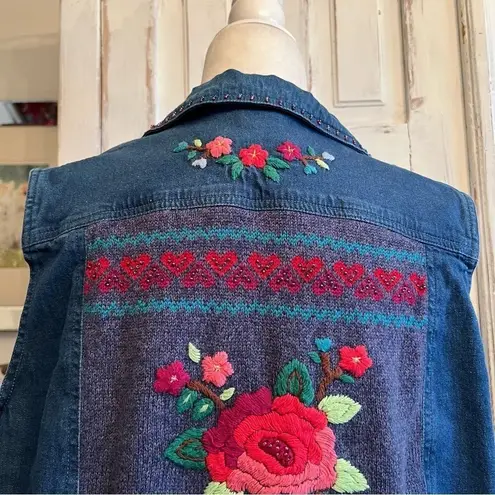 Vintage Alfred Dunner Embroidered Denim Vest Floral Cottagecore Western Sz 14 Blue