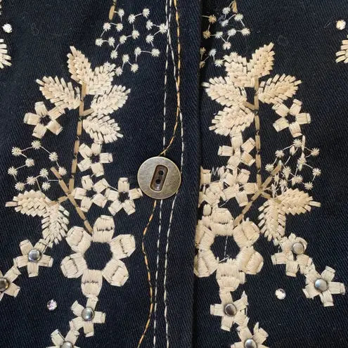 Vintage 90s Embroidered Jean Jacket Black Denim Tan Floral Bohemian Size Small