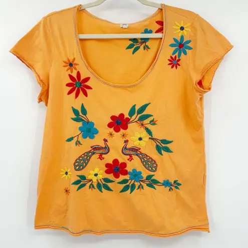 Womens Boho Bohemian Embroidered Floral Peacock Cotton T