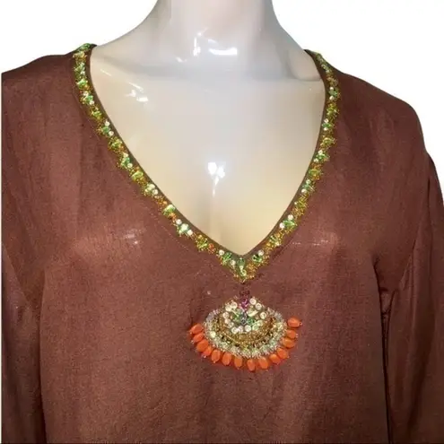 Inca Size L Brown w/ Rhinestone Embellishment Details Long Sleeve Swim Cover Up Size L