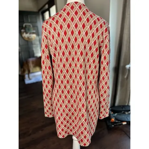 J. McLaughlin Fontaine Long Cardigan Large Red Gold Metallic Jacquard Holiday