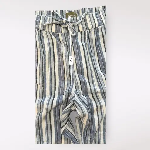Denim & Co Naturals Blue Stripe Wide Leg Linen Blend Elastic Waist Pant Size MT