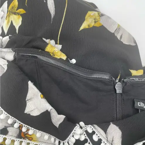 City Chic Jumpsuit SZ 14 Black White Yellow Crepe Floral Print Off The Shoulder