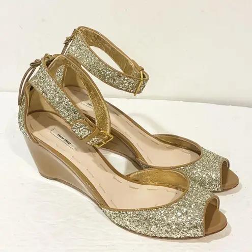 Miu Miu  Women’s Size 7.5 Nude Sequin Ankle Strap Wedge Sandals - Image 3