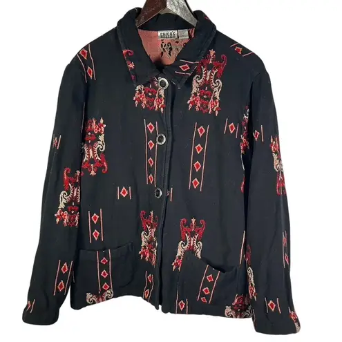 Vintage Chico's Design Large Black Red Embroidered Jacket India Cotton Rayon Size 2