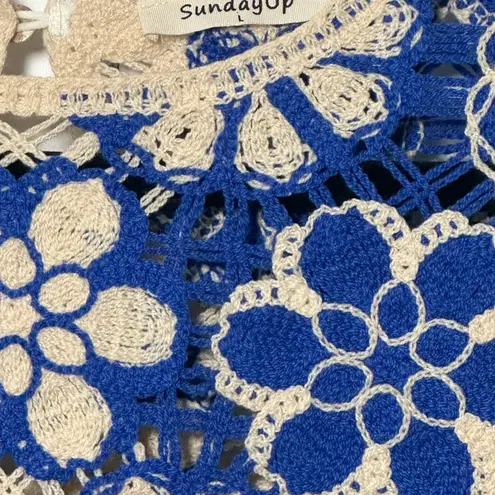 Sunday Up Crochet Blue and Cream Cropped Top with Puff Sleeves Button Back SZ L Size L