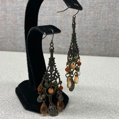 Bohemian Chandelier Earrings Bronze Tone Orange Gemstone Dangle Drop Fairycore Brown