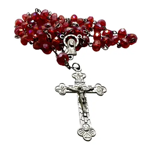 Vintage Italian Glass Bead Rosary, Italy Catholic Prayer Beads, Silver Crucifix Red