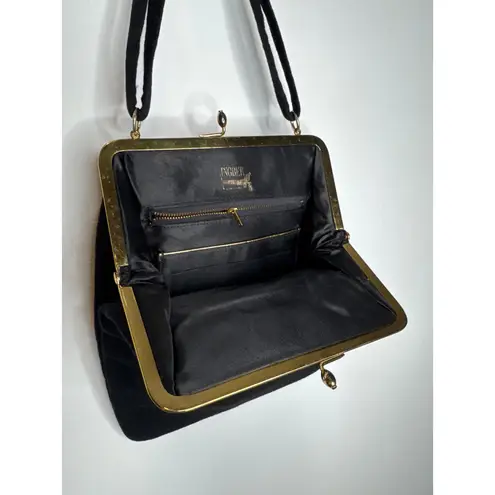 Vintage 1940s Ingber Black Fabric Evening Bag w/ Bow Handle & Gold Frame