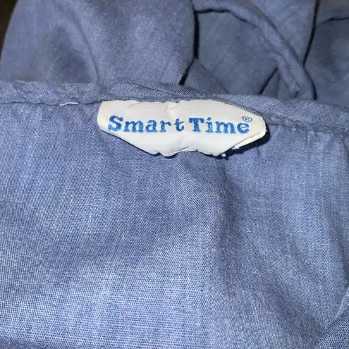 Vintage Smart Time Blue Embroidered Snap Down With Pockets House Coat 1