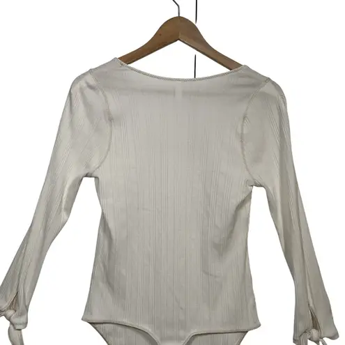 Free People  Bodysuit Ribbed Knit Square Neck Long‎ Sleeve Top Large