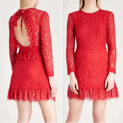 The Kooples | Red Open-Back Floral and Eyelash Lace Edged Dress Sz. Large