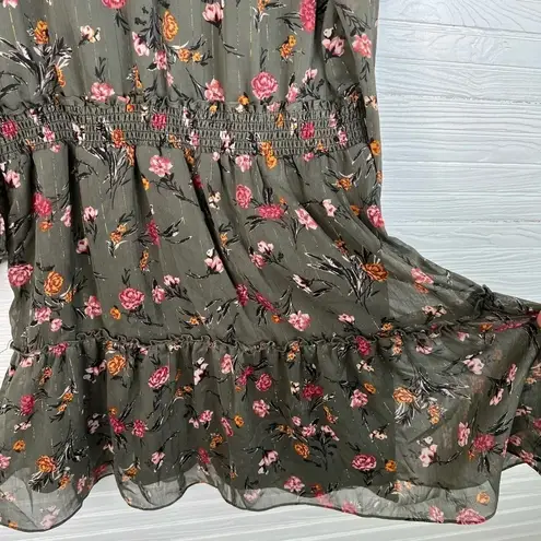 Drew Anthro Green Floral Print Dress Gold Stripes Long Sleeves Smocked Size L