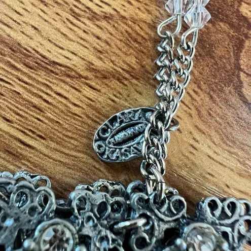 CLARA KASAVIN Beaded Evening Clutch Purse Silver Black Rhinestone Flowers Chain