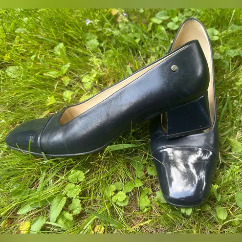 Etienne Aigner Womens Black Leather Cap Toe Block Heel Pumps Shoes