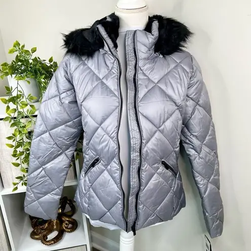 Sebby Collection Gray Silver Quilted Puffer Coat Black Faux Fur Trim NEW Sz S