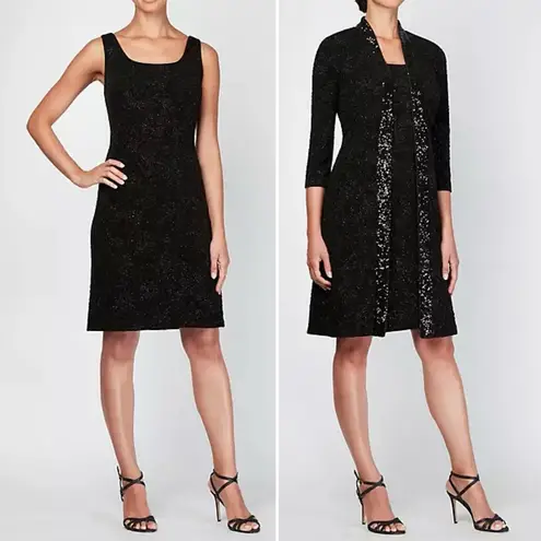 Alex Evenings NWT  Midi Length Jacket Scoop Neck Tank Dress Black Sequin Size 12