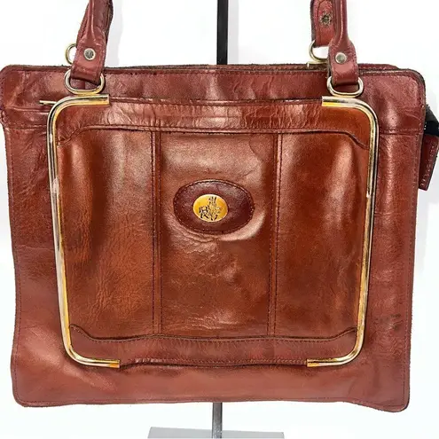 Vintage Don Quixote Brown Leather Satchel Purse w/Gold Trim Top Zipper Closure